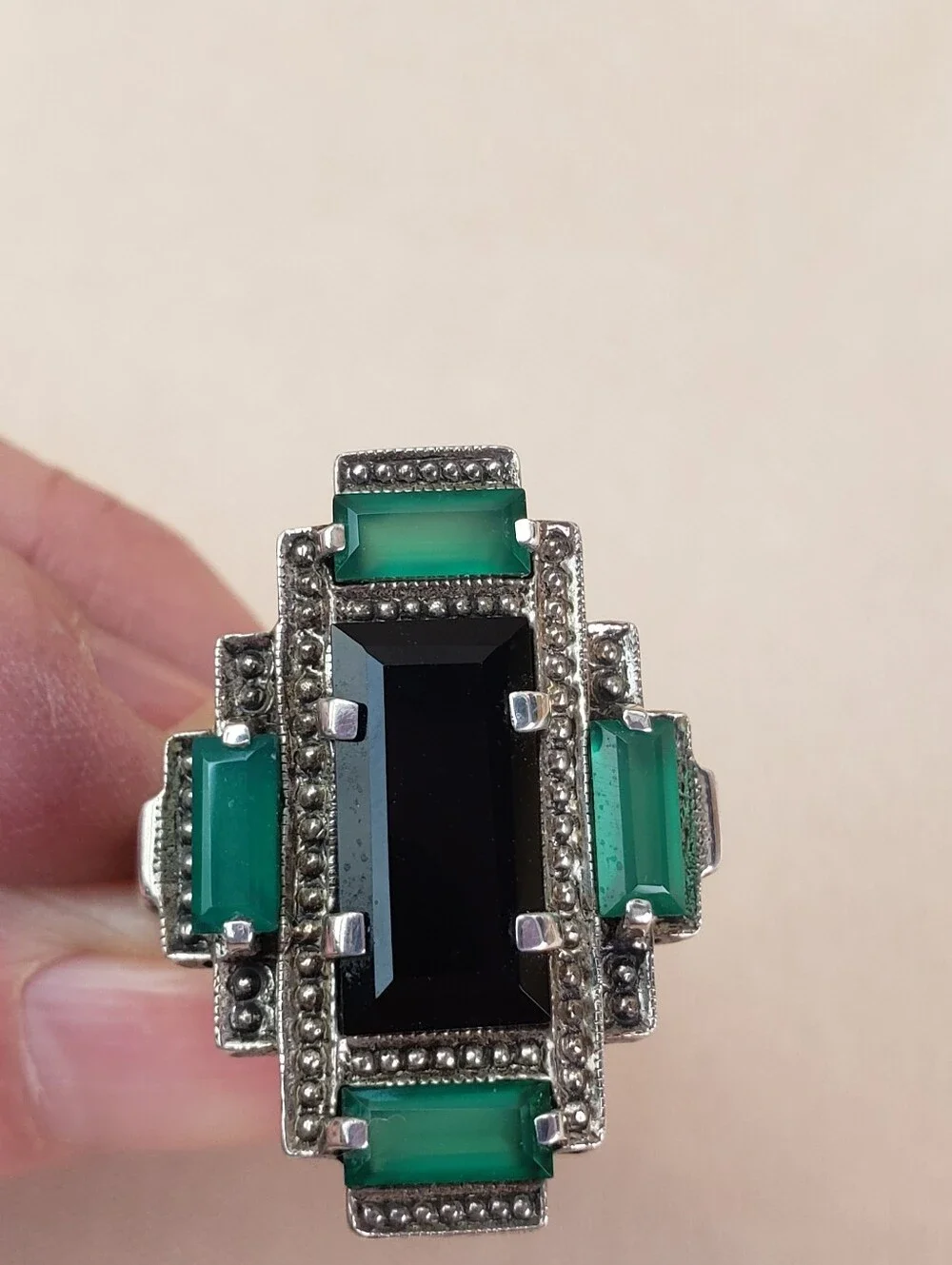 Nicky Butler Sterling Silver Art Deco Style Ring Onyx Green Chalcedony Size 10.5